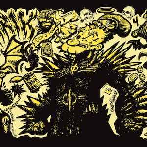 May include: A black and yellow graphic print featuring a central figure with spiked shoulders, surrounded by various illustrations including skulls, a winged creature, a character labeled SON O YAWG, a character labeled GARY, and the text KERRIC.