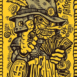 May include: A cartoon illustration of a character wearing a hat and holding a stack of money. The character has a large nose and a mischievous grin. The image is in a yellow and black color scheme and features the text "Treasy" and "Artifact!"