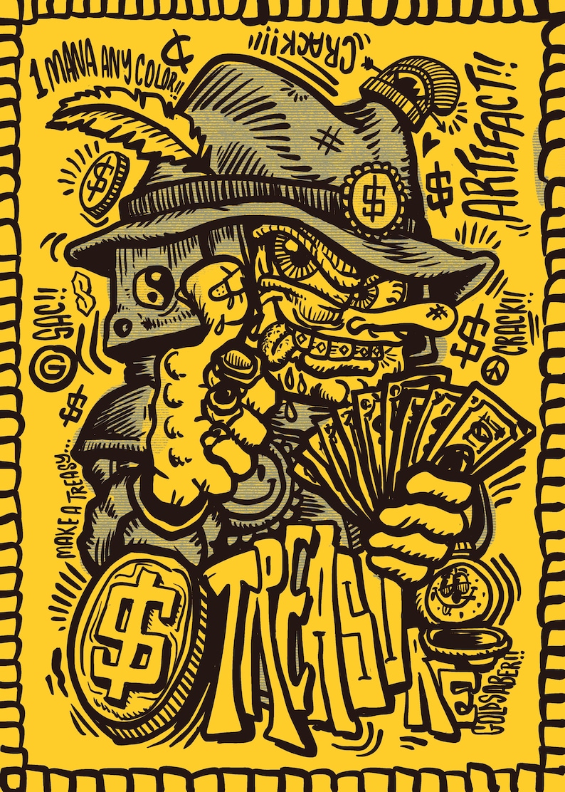 May include: A cartoon illustration of a character wearing a hat and holding a stack of money. The character has a large nose and a mischievous grin. The image is in a yellow and black color scheme and features the text "Treasy" and "Artifact!"