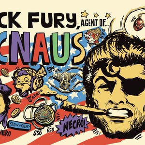 Puede incluir: Una ilustración estilo cómic con el texto NICK FURY, AGENT OF... 5CNAUS sobre un fondo de bandera estadounidense estilizada. La imagen incluye un personaje central con un parche en el ojo y un cigarro, junto a varios iconos, monedas y textos.
