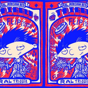 Könnte beinhalten: Eine lebendige Comic-Illustration in Rot und Blau. Sie zeigt eine stilisierte Figur mit blauen Haaren und einem schelmischen Gesichtsausdruck, die eine Energieexplosion hält. Der Text enthält "RAL MONSOON BOY", "TRIGGER" und "FLIP".