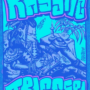 May include: A blue and pink illustration of a person sitting in a chair with a candle and a plant on a table. The text "RHYSTIC" and "TRIGGER!" are in large, bold letters. The text "DRAW!" appears twice in the image.