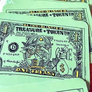 May include: A green and yellow treasure token card with a cartoon illustration of a pirate holding a bag of gold coins. The card has the text "BLING!BLING!$$ TREASURE TOKEN!!!" and "ONE TREASY" printed on it.