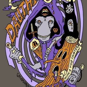 May include: A purple hooded figure with a single eye and a diamond, holding a sword and a bone with an eye on it. The figure is surrounded by a swirling purple and orange background with the words "DRACHT" and "EXILED" in orange. The figure is standing on a log with a face and the words "WITH A VOID COUNTER" on a scroll. A black cat with a single eye is in the background.