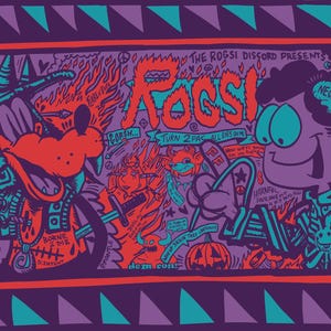May include: A vibrant, cartoon-style illustration with a purple border. The artwork features a red and orange character on the left, and a purple character on the right. The word "ROGSI" is prominently displayed in orange and teal.