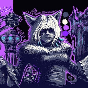 May include: A digital illustration featuring a central cat-eared character with white hair, holding a staff. The composition includes various sketches, symbols, and text elements like Yshtola, Aetherflux, Wishclaw Talisman, and Citadel 1, rendered in a palette of purple, black, and white.