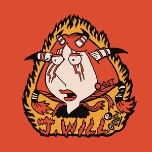 May include: A graphic illustration on an orange background featuring a stylized character with red hair, horns, and face markings, surrounded by yellow and orange flames. The text J. WILL, GOLD, and GOLDSABER appears in black lettering.