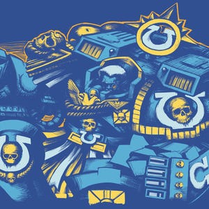 May include: A graphic illustration in blue and yellow featuring a futuristic armoured warrior with a skull emblem on the shoulder pad and chest. The text OLD SABER appears in the top left corner. The warrior holds a large weapon against a horizon.
