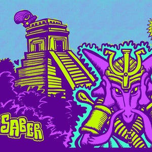 May include: A vibrant illustration in purple and green depicting a deity with a headdress and holding objects, set against a backdrop of a pyramid and trees. The text "GOLDSABER" is prominent, with a logo in the corner.