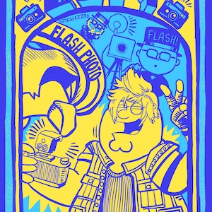 May include: A yellow and blue graphic print featuring the text GOLDSABER, COPY, FLASH PHOTO, FUZZY PICKLES, FLASH!, and TOKEN. The illustration depicts a character with spiky hair holding a camera, a person wearing a hat, and cameras.