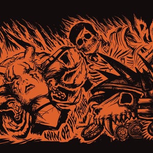 Pode incluir: Ilustração preta e laranja com caveiras, chamas e figuras demoníacas. A obra de arte inclui o texto "WIN OR DIE TRYING" e o logotipo da Carhartt. O design tem uma estética sombria e ousada.