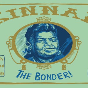 May include: A light green graphic with the name "KINNAN" in gold lettering. The image features a blue portrait within a gold frame, with the text "THE BONDER!" below. Additional text includes "featuring the..." and "GOLDSABER /100 EXPLICIT CONTENT."