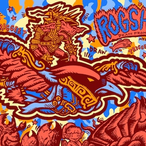 May include: A vibrant illustration with a red, blue, and yellow color scheme. The artwork features a creature riding a bird, with text that reads "ROGSHAI DEATH FROM ABOVE". Additional text includes "DRAW", "TRIGGER?", and "TO THET".