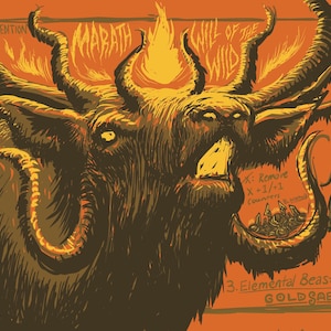 May include: An orange-toned illustration featuring a large, horned creature with the text Marath Will of the Wild. To the right, a snake head labelled Oubliette Snake and a trilobite labelled 2. Cryptic Trilobite are depicted with the text 3. Elemental Beast.