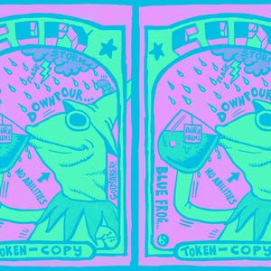 May include: Two identical illustrations with a pink and blue color scheme. Each features a green frog-like character holding a beaker with the text "Aura Farms." Text includes "Blue Frog," "Storm," and "Token-Copy."