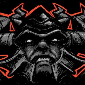 Könnte beinhalten: Eine schwarz-weiße grafische Illustration einer gehörnten Kriegerfigur mit ernstem Gesichtsausdruck, umrandet in leuchtendem Orange. Das Design zeigt ein stilisiertes Logo in der oberen linken Ecke, die Buchstaben WVW oben rechts und ein kleines orangefarbenes Etikett unten links.