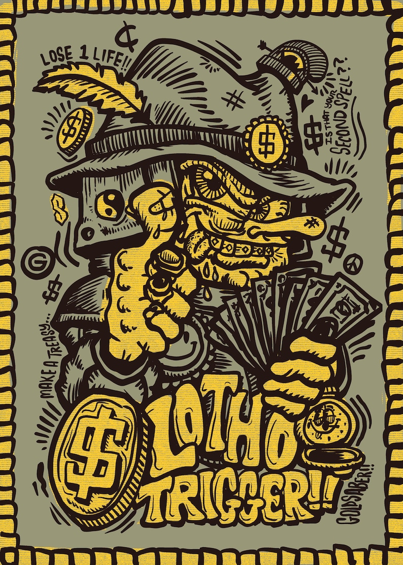 May include: A cartoon illustration of a character wearing a hat and holding a large gold coin with a dollar sign. The character is pointing with one hand and holding a stack of money in the other. The text "LOTH이 TRIGGER!" is written in yellow letters on a black background.