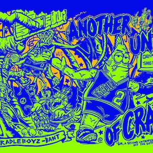 May include: A striking neon green and blue graphic illustration with the text "ANOTHER UNTAP OF CRADLE!" and "CRADLEBOYZ-BANT". The artwork features cartoon figures, basketball imagery, and the words "GOLDSABER!!".