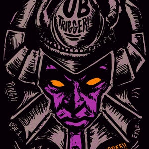 May include: A purple and black illustration of a character with a helmet and glowing orange eyes. The text "OB TRIGGER" is above the character's head. The text "PING!!" is on the left side of the character. The text "LOSE 1..." is below the text "PING!!". The text "+1/+1" is below the character. The text "EXILE..." is on the right side of the character. The text "GOLDSABER!!" is below the text "EXILE...".
