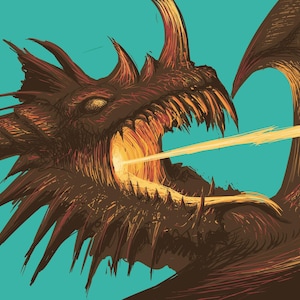 May include: A digital illustration of a dark brown dragon with sharp horns and spikes, shown in profile against a bright teal background. The dragon has its mouth wide open, emitting a thin, straight beam of yellow light from its glowing throat.