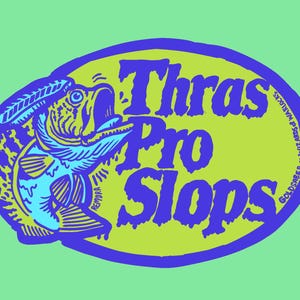 May include: A graphic design on a light green background features a fish illustration in blue and yellow, with the text "Thras Pro Slops" in blue. A small square logo is in the upper left corner.