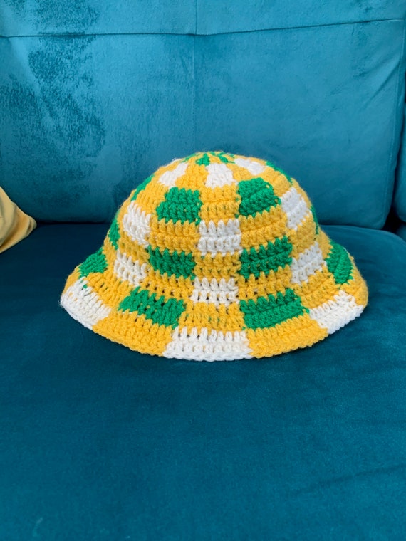 Handcrafted Green and Yellow Crochet Bucket Hat Crochet Bucket Hat With Flower and Brim: Green & Yellow - Etsy main image 2
