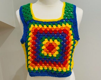 Rainbow Aurora Sleeveless Crochet Crop Top, Multicoloured & Hand Made Fashion