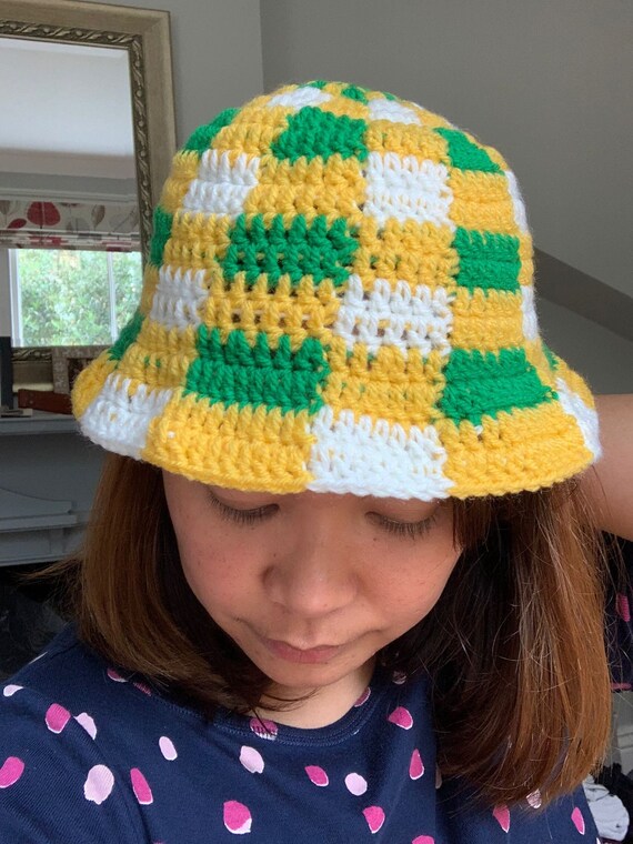 Handcrafted Green and Yellow Crochet Bucket Hat Crochet Bucket Hat With Flower and Brim: Green & Yellow - Etsy main image 3