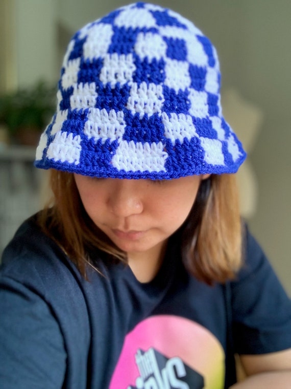 Handmade Crochet Bucket Hat, Blue & White Check, Festival  display picture 1