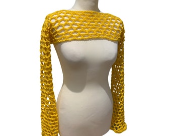 Geel gehaakte mesh bolero voor dames met gaten | Meerdere maten / kleuren beschikbaar | Handgemaakt in 2024, nieuw ontwerp