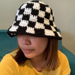 Women’s Hand Woven Chequered Black & White Bucket Hat , Handmade , Summer / Festivals Acrylic Yarn