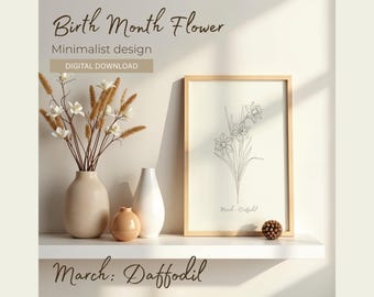 March Daffodil Botanical Print, Birth Month Flower, Minimalist Wildflower Wall Art, Posters, Simple Floral Design (Digital Download)