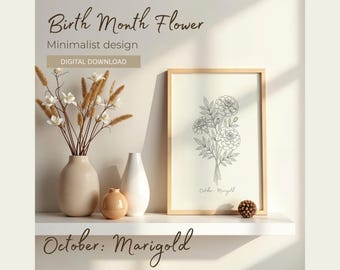 October Marigold Botanical Print, Birth Month Flower, Minimalist Wildflower Wall Art, Posters, Simple Floral Design (Digital Download)