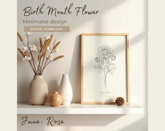 Lámina botánica Rosa de junio, Flor del mes de nacimiento, Arte mural minimalista de flores silvestres, Pósters, Diseño floral sencillo (Descarga digital)
