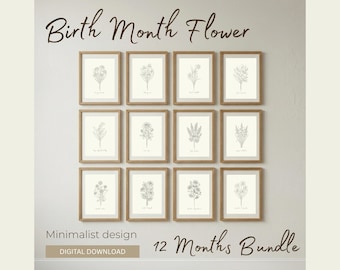 12Month Bundle, Floral Botanical Print, Birth Month Flower, Minimalist Wildflower Wall Art, Posters, Simple Floral Design (Digital Download)