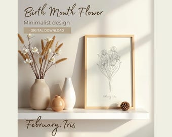 February Iris Botanical Print, Birth Month Flower, Minimalist Wildflower Wall Art, Posters, Simple Floral Design (Digital Download)