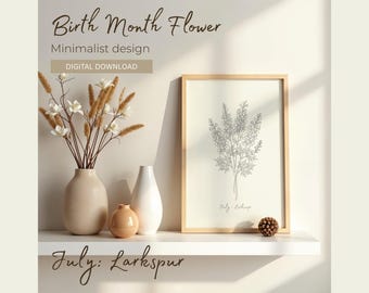 Lámina botánica de espuela de caballero de julio, flor del mes de nacimiento, arte mural minimalista de flores silvestres, pósteres, diseño floral sencillo (descarga digital)