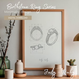 Może przedstawiać: Oprawiony wydruk przedstawiający techniczne rysunki liniowe pierścionka z trzema kamieniami wraz z liniami pomiarowymi. Tekst zawiera napisy Birthstone Ring Series, Minimalist design, DIGITAL DOWNLOAD oraz July - Ruby. Grafika ukazuje pierścionek z trzech stron.