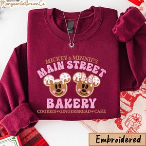 Embroidered Mickey and Minnie Main Street Bakery Christmas Sweatshir, Mouse and friends Gingerbread sweater, Magical land xmas Shirt