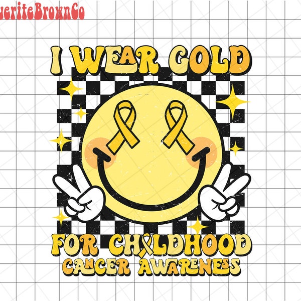 I Wear Gold For Childhood Cancer Awareness Png, In September We Wear Gold Png, Retro Png, Smile Face Childhood Cancer Png Sublimation Design