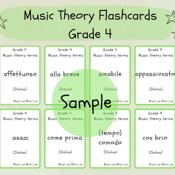 Grade 4 music theory flashcards, double-sided and printable flashcards