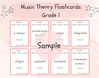 Grade 1 music theory flashcards, double-sided and printable flashcards