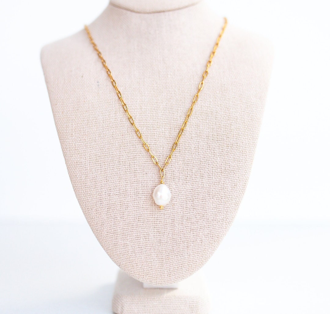 Baroque Pearl Necklace, Paperclip Link Chain, Gold Chunky Chain, Gold ...