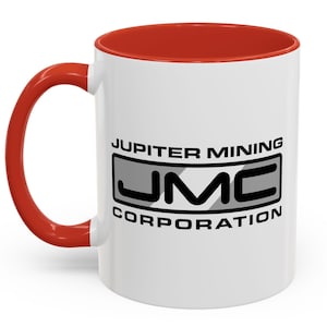 Jupiter Mining Corporation Mug, JMC Black and Red Accent Coffee Mugs, 11oz and 15oz Science Fiction Cup, TV Cup, Fictional Corporation
