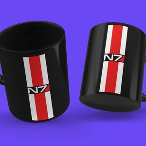 N7 Mug, N7 Logo Stripe Cup, Video Gamer Mug, Gaming Coffee Cup, Commander Shepard, Systems Alliance, SSV Normandy SR1 SR2, Black N7 Cup