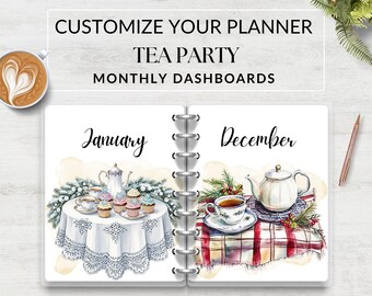 Tea Party Monthly Dashboards Printable for Planner Cozy Watercolor, Monthly Dividers, Monthly Cover, Cover Page Insert, Instant Download PDF