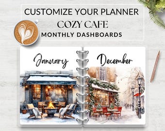 Cozy Cafe Dashboards Printable for Planner, Cozy Watercolor, Monthly Dividers, Monthly Covers, Cover Page Insert, Instant Download PDF