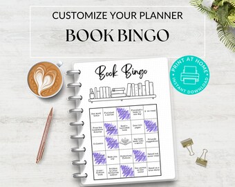 May include: A printable book bingo card with a purple and white color scheme. The card has a bookshelf illustration at the top and a grid of squares with book-related challenges to complete. The text "Book Bingo" is at the top of the card.
