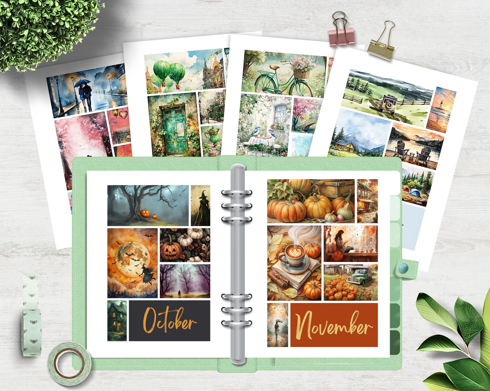 Seasonal Collage Dashboards Printable for Planner Cozy Watercolor ...