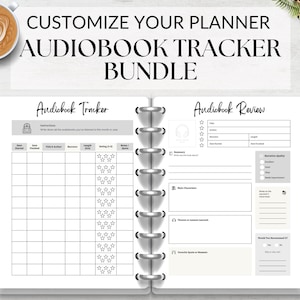 Könnte beinhalten: Ein offener Planer mit dem Text "CUSTOMIZE YOUR PLANNER AUDIOBOOK TRACKER BUNDLE". Der Planer hat zwei Seiten: "Audiobook Tracker" und "Audiobook Review". Eine Tasse Kaffee und ein Stift befinden sich auf der linken Seite. Goldene Büroklammern befinden sich auf der rechten Seite.